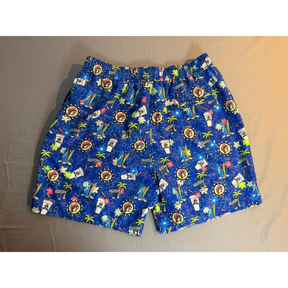 Buc-ee's Mens Swim Trunks Blue Tropical Beaver Print Mesh Lined Shorts Small